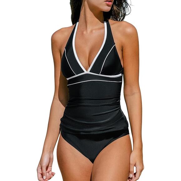 NEW Cupshe Black Piping Halter-neck Tankini Top & Mid-Rise Bottoms Set XL - Picture 1 of 9